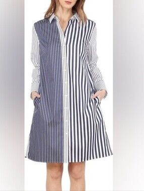 Hinson Wu Striped Button-Down Shirt Dress Navy and White Size Small 100% Cotton